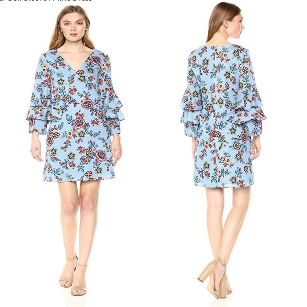 Nicole Miller Floral Tiered Sleeve Blue Dr…